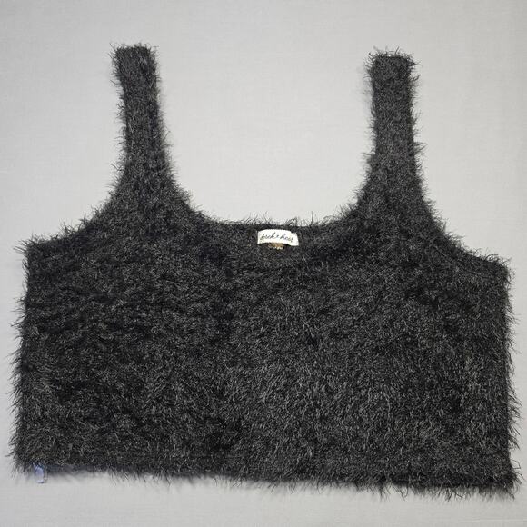 Derek Heart Black Fuzzy Crop Top Tank Halter Stretch Scoop Neck Women's Size L - Picture 1 of 5